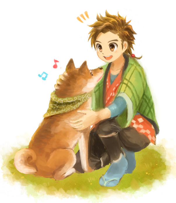 1boy, :d, bandana, bandana_around_neck, black_hakama, bokujou_monogatari, bokujou_monogatari:_mittsu_no_sato_no_taisetsuna_tomodachi, brown_eyes