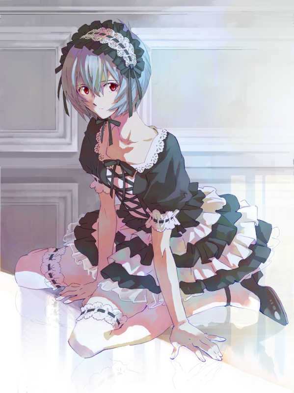 1girl, ayanami_rei, black_and_white_dress, black_bow, black_shoes, blue_hair, gothic_lolita, high_heels