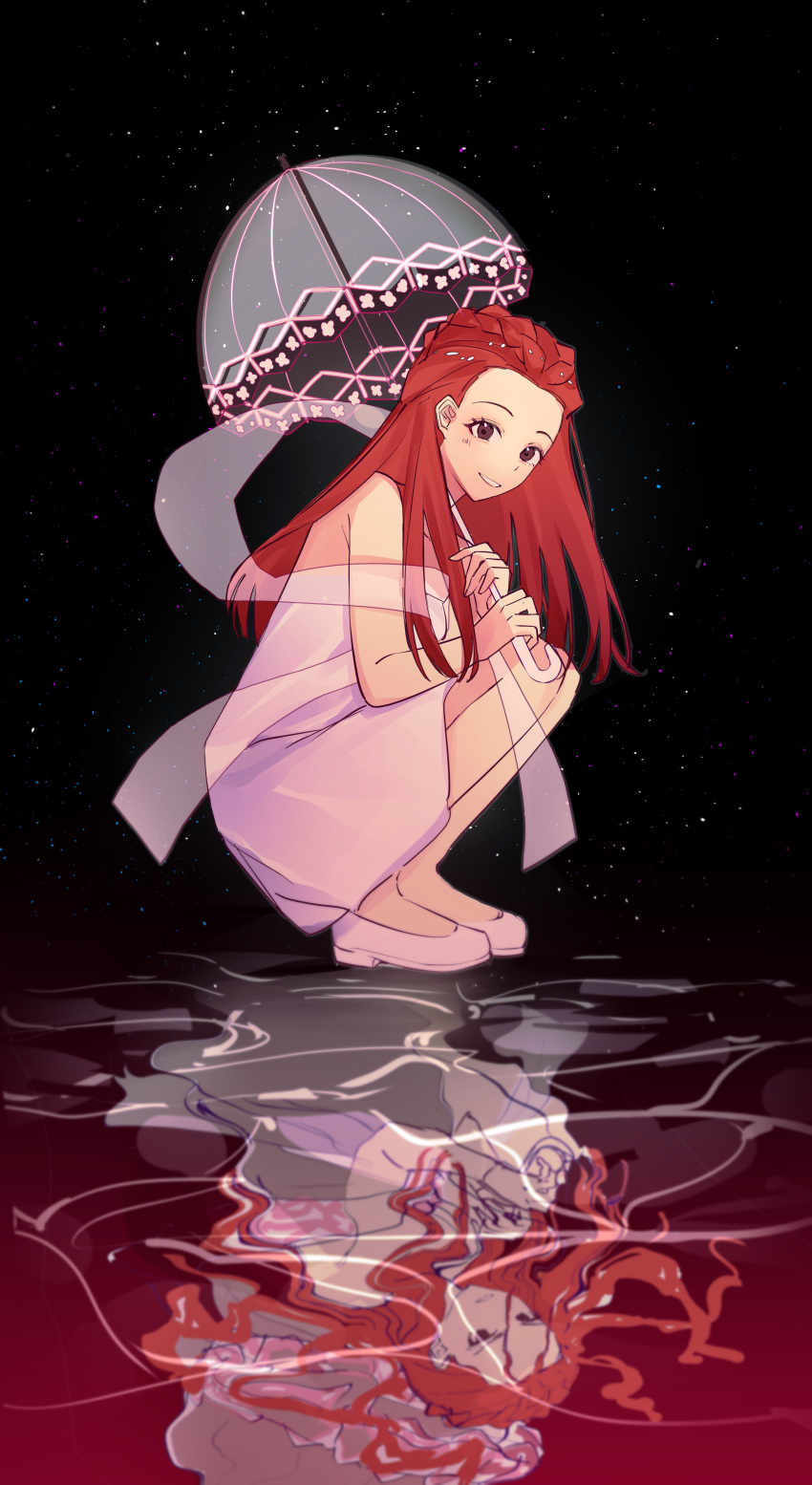2girls, absurdres, ace_attorney, brown_eyes, commentary_request, dahlia_hawthorne, different_reflection, dress