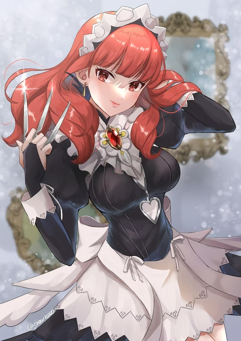 1girl, alternate_costume, black_gloves, celica_(fire_emblem), commission, dress, earrings, fingerless_gloves, fire_emblem, fire_emblem_echoes:_shadows_of_valentia, fire_emblem_fates, gem, gloves, holding, holding_knife, jewelry, knife, long_hair, maid, maid_headdress, mirror, nohrian_maid_uniform, princess, red_eyes, red_gemstone, red_hair, ribbon, short_dress, skeb_commission, snow20200