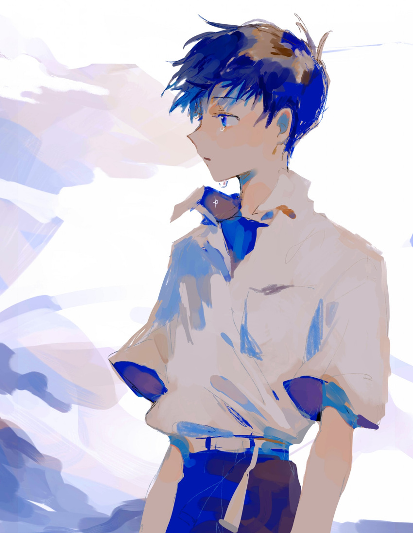 1boy, belt, blue_eyes, blue_theme, collared_shirt, crying, crying_with_eyes_open, highres, ikari_shinji, looking_to_the_side, male_focus, mogutofuoes, neon_genesis_evangelion, shirt, short_hair, simple_background, sketch, solo, tears, white_background, white_shirt