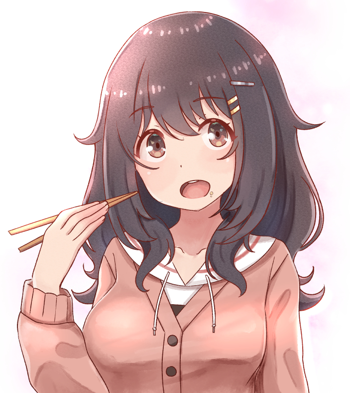 1girl, black_hair, brown_eyes, cardigan, chopsticks, commentary_request, eating, food