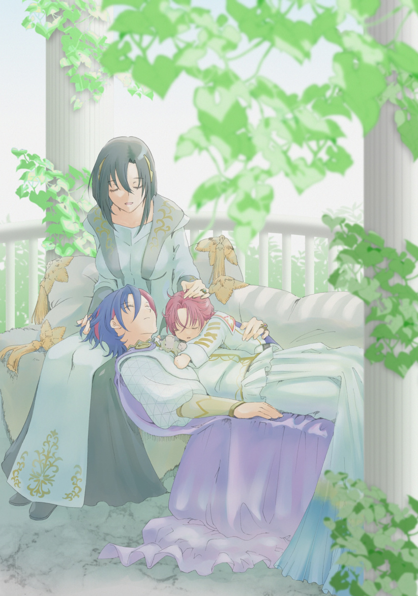 1girl, 2boys, absurdres, aged_down, black_hair, blue_hair, closed_eyes, commentary_request