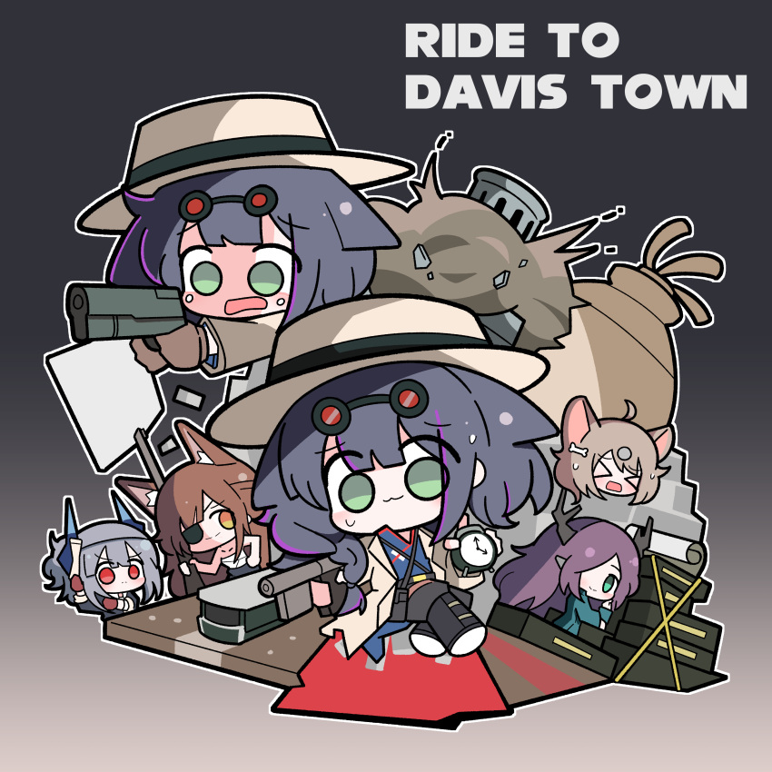>_<, 5girls, :3, absurdres, almond_(arknights), animal_ears, antlers, arknights, black_background, black_pants, blue_hair, blue_shirt, brown_coat, brown_eyes, brown_hair, cat_ears, chest_sarashi, chibi, clock, coat, coldshot_(arknights), commentary_request, demon_horns, english_text, explosion, eyepatch, eyewear_on_head, fox_ears, franka_(arknights), franka_(ride_to_davistown)_(arknights), goggles, goggles_on_head, gradient_background, green_eyes, grey_background, grey_hair, gun, hair_over_one_eye, hat, highres, holding, holding_clock, holding_gun, holding_paper, holding_weapon, horns, jessica_(arknights), jessica_the_liberated_(arknights), jessica_the_liberated_(ride_to_davistown)_(arknights), korean_commentary, let_the_bullets_fly, liskarm_(arknights), malrangdonut, multiple_girls, nervous, open_mouth, pants, paper, purple_hair, red_eyes, sarashi, shirt, tearing_up, weapon, white_hat