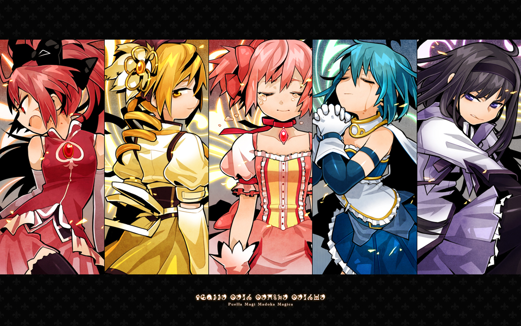 black_hair, blonde_hair, blood, blue_hair, bow, closed_eyes, column_lineup, detached_sleeves, drill_hair, eyes_closed, fang, gloves, hair_bow, hairband, hal_(artist), haruo_(r1th), kaname_madoka, mahou_shoujo_madoka_magica, miki_sayaka, pink_hair, purple_eyes, red_eyes, red_hair, redhead, sakura_kyouko, skirt, tears, thigh-highs, thighhighs, tomoe_mami, twin_drills, violet_eyes, yellow_eyes