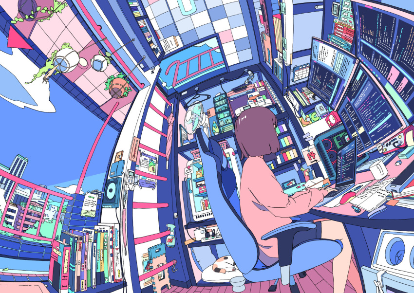1girl, akabane_1999, book, bookshelf, brown_hair, cat, chair, clock