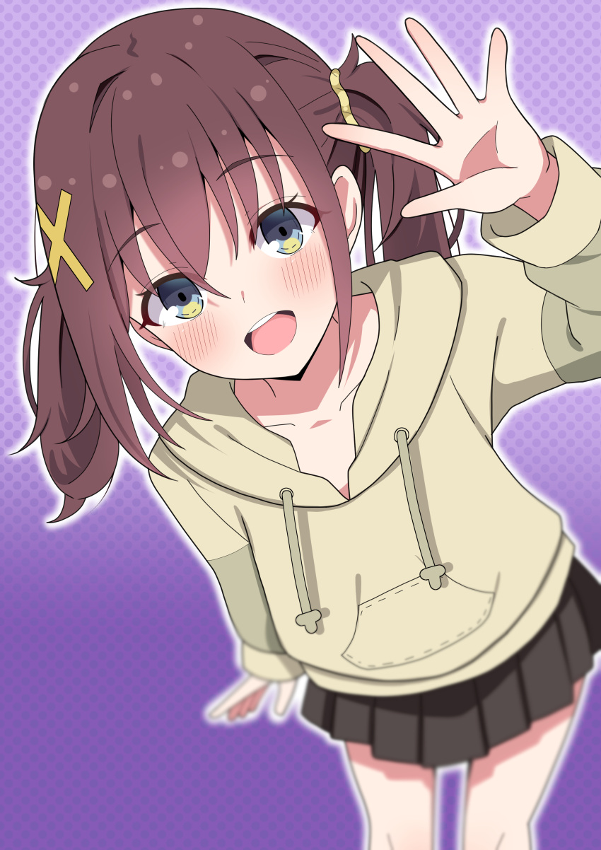 1girl, absurdres, black_skirt, blue_eyes, blush, commentary_request, from_above, furutachi_kurea