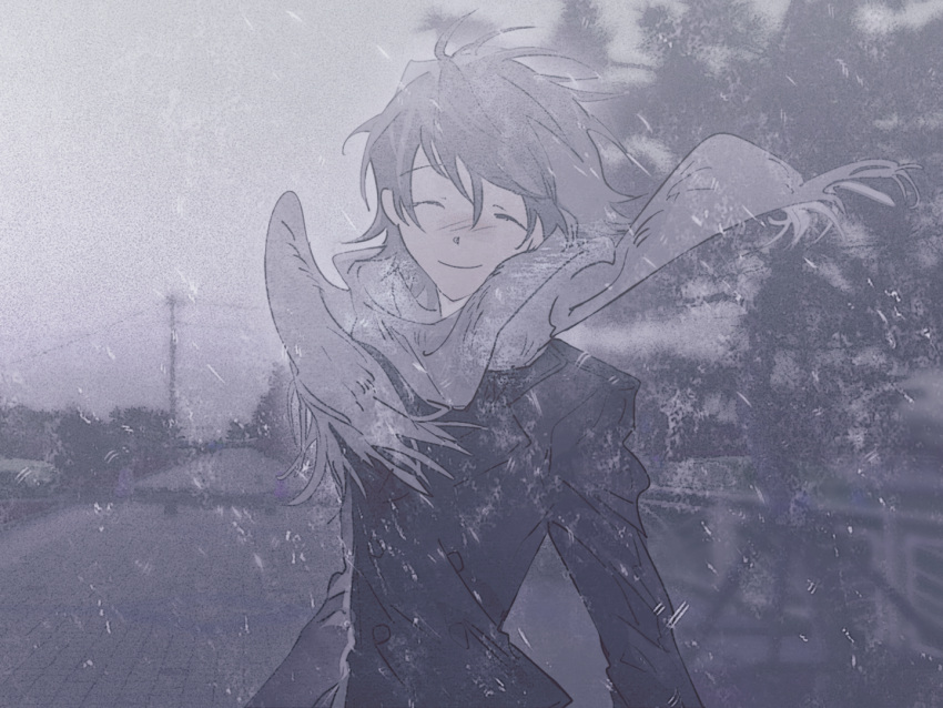 1boy, black_jacket, blurry, blurry_background, blush, closed_eyes, commentary_request, depth_of_field