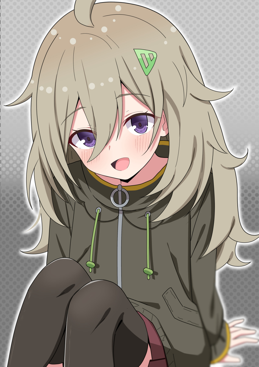1girl, absurdres, ahoge, blush, commentary_request, green_jacket, grey_background, grey_hair
