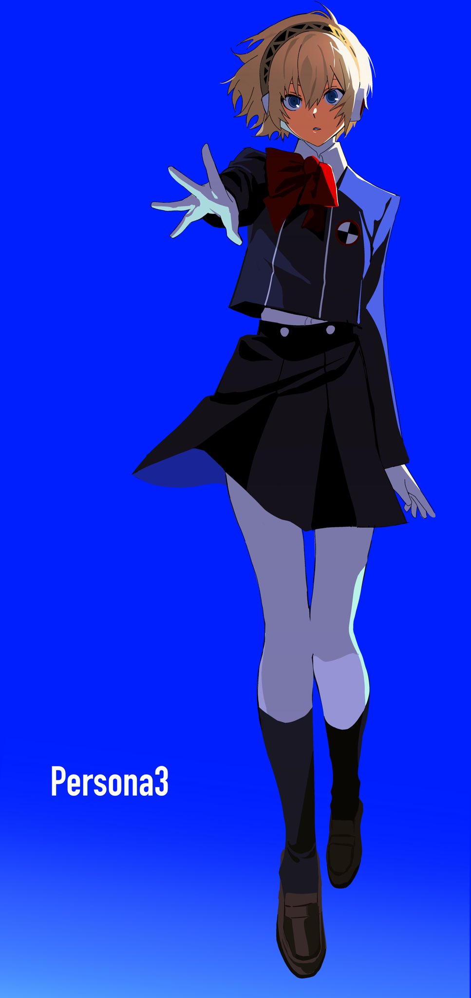 1girl, aigis_(persona), betti_(xx_betti), black_skirt, blazer, blonde_hair, blue_background, blue_eyes