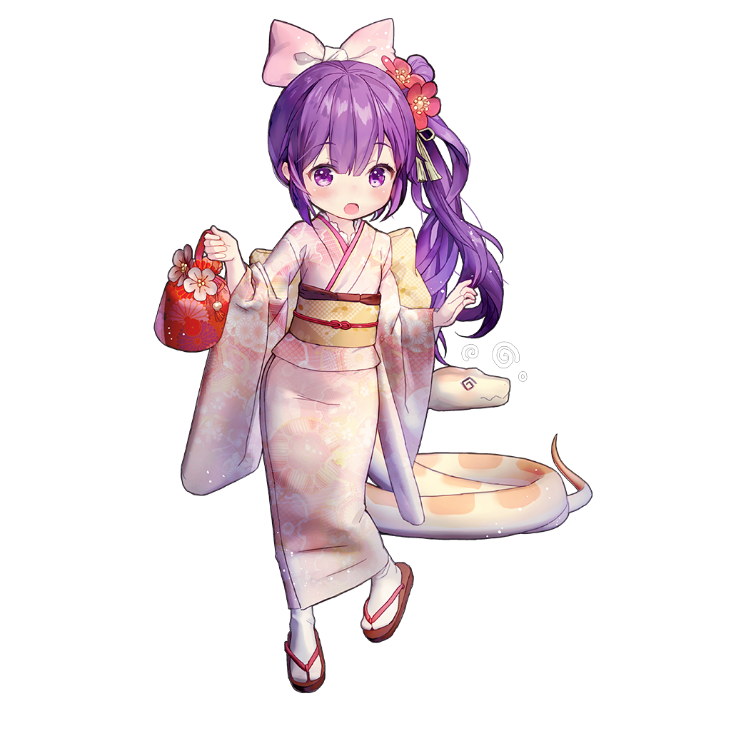 1girl, bow, gio_(maroon0924), hair_bow, holding, japanese_clothes, kimono, long_hair, medusa_(uchihime), open_mouth, pink_kimono, purple_hair, sandals, snake, uchi_no_hime-sama_ga_ichiban_kawaii, violet_eyes, wide_sleeves, zouri