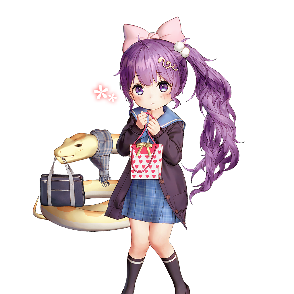 1girl, bag, black_socks, blue_sailor_collar, bow, gio_(maroon0924), hair_bow, long_hair, medusa_(uchihime), purple_hair, sailor_collar, school_uniform, snake, socks, uchi_no_hime-sama_ga_ichiban_kawaii, violet_eyes