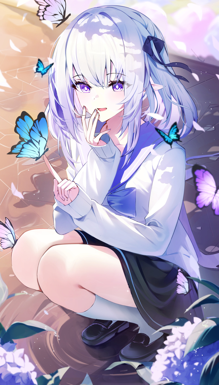 1girl, absurdres, alternate_costume, black_shoes, black_skirt, blue_butterfly, bright_pupils, bug