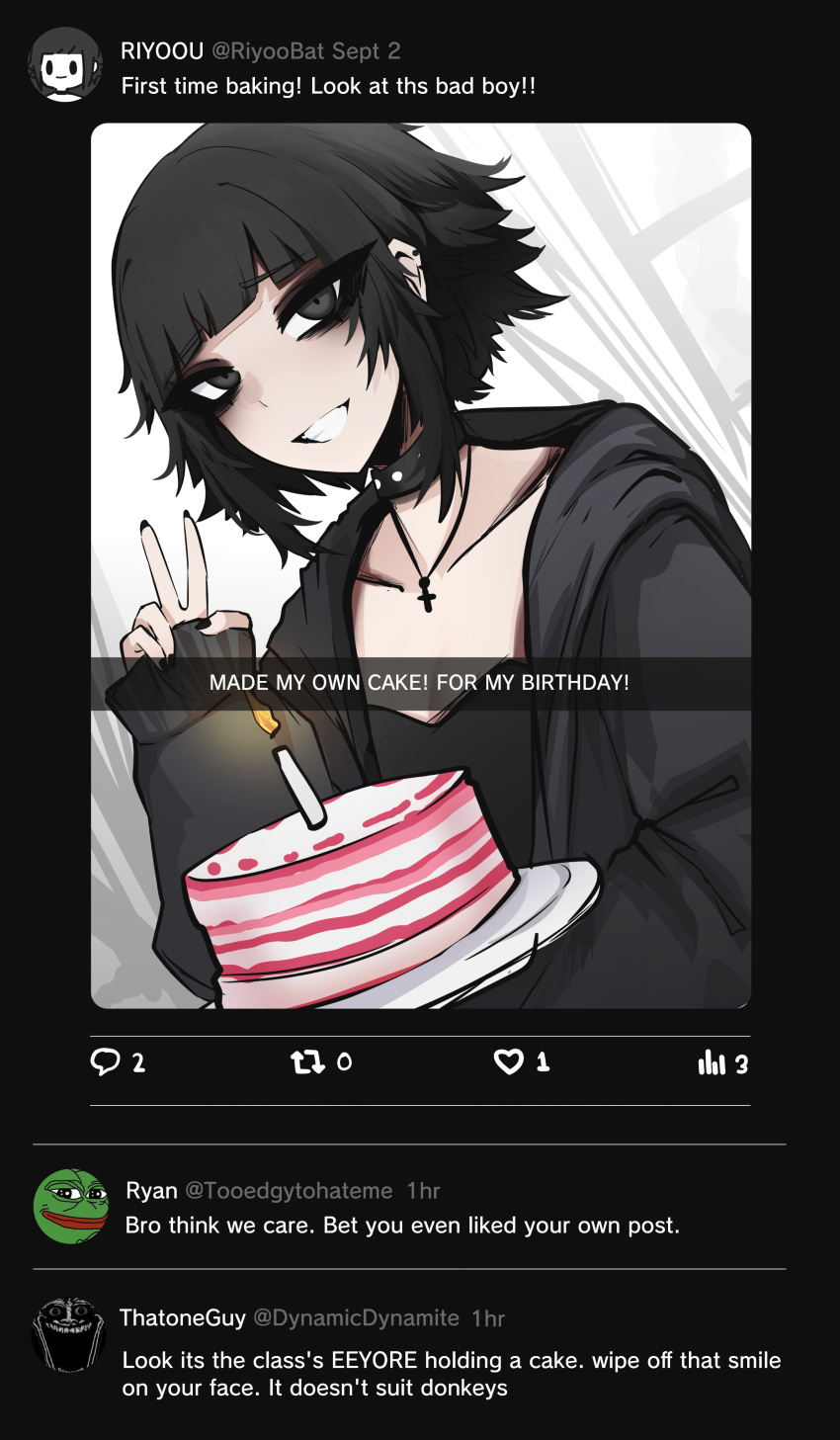 1girl, absurdres, birthday, birthday_cake, black_collar, black_eyes, black_hair, black_hoodie