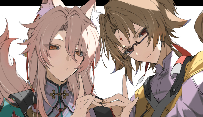 2boys, absurdres, animal_ear_fluff, animal_ears, black-framed_eyewear, brown_hair, chinese_clothes, closed_mouth