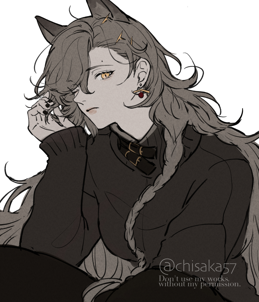 1girl, ahoge, arknights, black_nails, braid, breasts, closed_mouth, commentary, earrings, expressionless, extra_ears, grey_hair, grey_sweater, hair_ornament, hair_over_one_eye, hand_up, jewelry, long_hair, long_sleeves, looking_at_viewer, medium_breasts, mole, mole_on_forehead, nose, official_alternate_costume, one_eye_closed, parted_bangs, penance_(arknights), penance_(occasionally_flushed)_(arknights), pink_lips, simple_background, solo, spot_color, sweater, tail, twitter_username, very_long_hair, watermark, wh1tecookie, white_background, wolf_tail, yellow_eyes