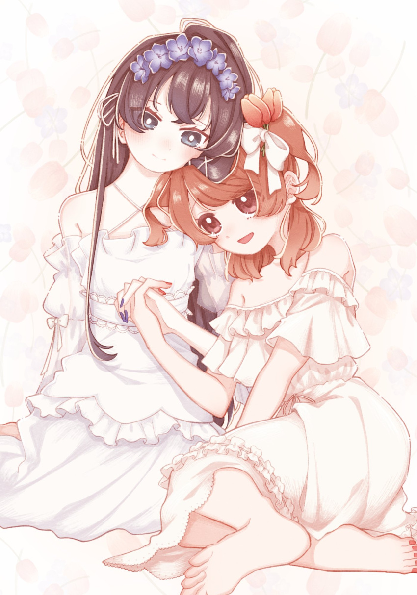 2girls, aijou_karen, arm_at_side, bare_shoulders, barefoot, black_hair, blue_eyes, blue_flower, blue_nails, blush, bow, bright_pupils, brown_eyes, brown_hair, closed_mouth, commentary, criss-cross_halter, crossed_bangs, detached_sleeves, dress, feet_out_of_frame, fingernails, floral_background, flower, frilled_dress, frilled_sleeves, frills, gradient_background, hair_bow, hair_flower, hair_ornament, hair_ribbon, halter_dress, halterneck, hand_up, head_on_another's_shoulder, heads_together, highres, hirake_goma, holding_hands, interlocked_fingers, kagura_hikari, long_fingernails, long_hair, long_sleeves, looking_ahead, looking_at_viewer, medium_hair, multiple_girls, nail_polish, nose_blush, official_alternate_costume, parted_lips, pink_background, red_flower, red_nails, red_tulip, ribbon, short_sleeves, shoujo_kageki_revue_starlight, sitting, smile, soles, strapless, strapless_dress, toenail_polish, toenails, tulip, two_side_up, white_background, white_bow, white_dress, white_pupils, white_ribbon, x_hair_ornament, yokozuwari, yuri
