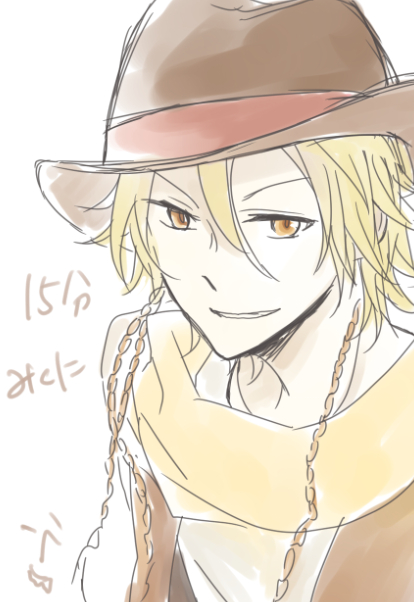 1boy, alicein_mikuni, blonde_hair, braid, grin, hat, jinn000, male_focus