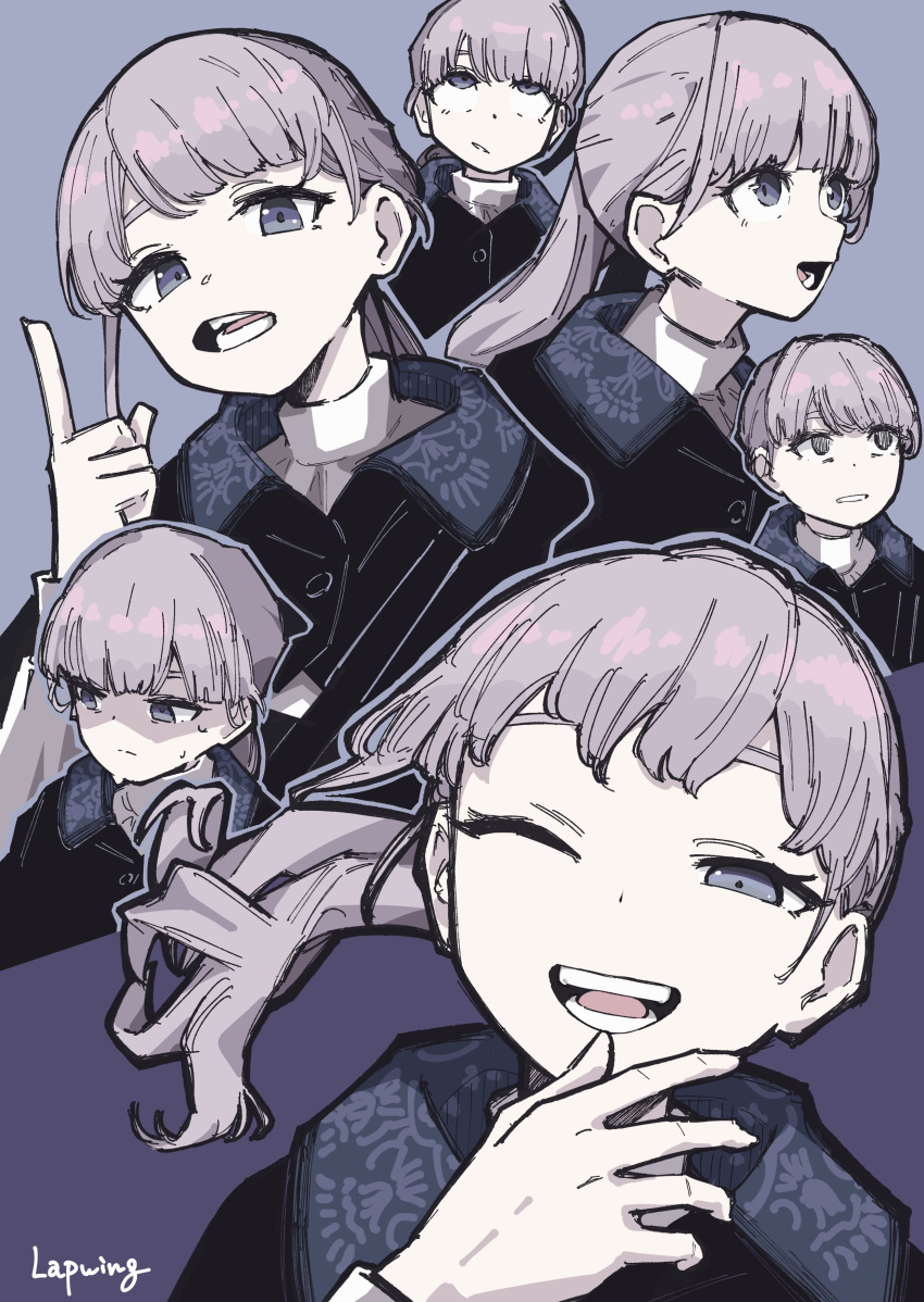 1girl, :d, absurdres, black_shawl, closed_mouth, cropped_torso, gradient_background, hand_up