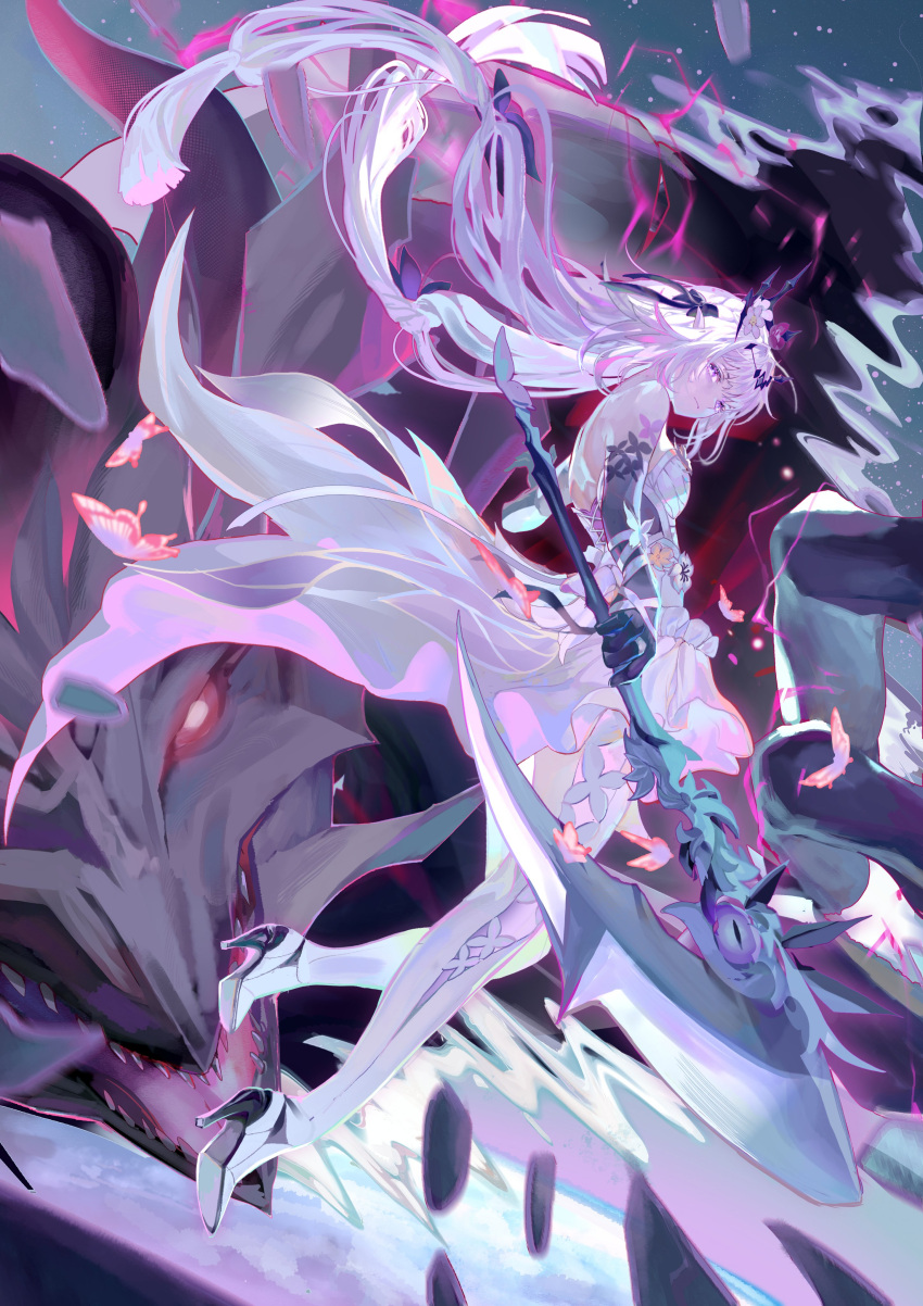1girl, absurdres, bare_shoulders, black_gloves, black_tiara, bug, butterfly, butterfly_ornament, castorice_(honkai:_star_rail), closed_mouth, dragon, dress, elbow_gloves, flower, flower_ornament, from_side, full_body, gloves, hair_flower, hair_ornament, highres, holding, holding_scythe, holding_weapon, honkai:_star_rail, honkai_(series), iiumiarts, legwear_cutout, long_hair, looking_at_viewer, looking_to_the_side, pointy_ears, pollux_(honkai:_star_rail), purple_butterfly, purple_hair, scythe, single_elbow_glove, tiara, very_long_hair, violet_eyes, weapon, white_dress
