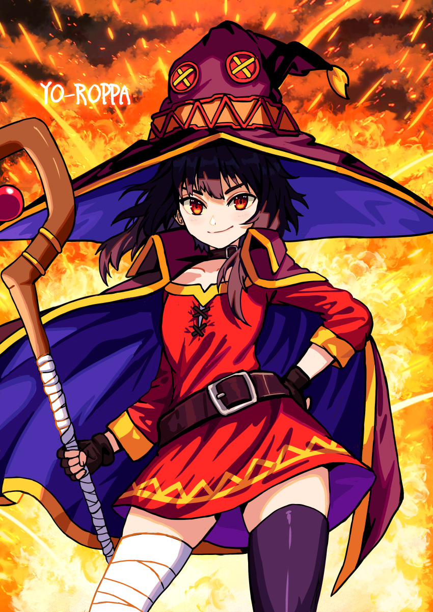 1girl, absurdres, artist_name, bandaged_leg, bandages, belt, belt_buckle, black_collar, black_gloves, brown_belt, brown_cape, brown_hair, brown_hat, buckle, cape, collar, collarbone, contrapposto, dot_(yo_roppa), dress, explosion, fingerless_gloves, gloves, hand_on_own_hip, hat, highres, holding, holding_staff, kono_subarashii_sekai_ni_shukufuku_wo!, long_sleeves, looking_at_viewer, megumin, red_dress, red_eyes, short_dress, short_hair_with_long_locks, sidelocks, single_thighhigh, smile, staff, standing, thigh-highs, witch_hat, yellow_trim
