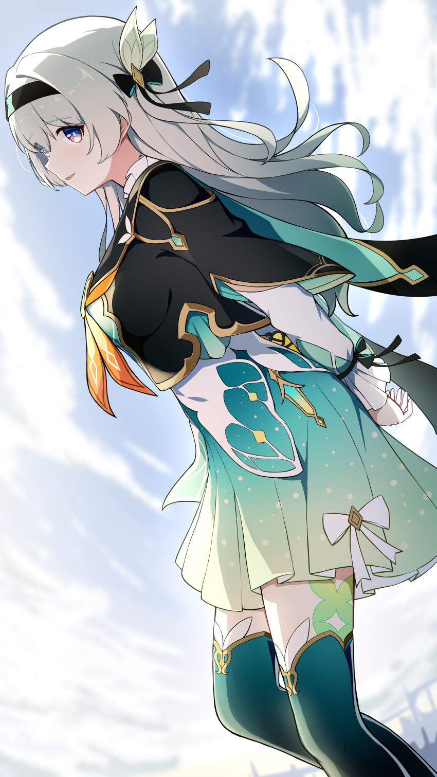 1girl, absurdres, aqua_skirt, arms_behind_back, black_bow, black_hairband, bow, day