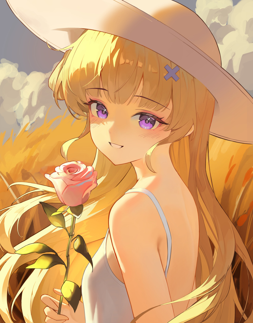 1girl, absurdres, alternate_costume, bare_shoulders, blonde_hair, breasts, commentary, cyanillust, flower, hair_ornament, hat, highres, holding, holding_flower, long_hair, looking_at_viewer, outdoors, parted_lips, phoebe_(wuthering_waves), pink_flower, pink_rose, rose, small_breasts, smile, solo, upper_body, violet_eyes, white_hat, wuthering_waves, x_hair_ornament