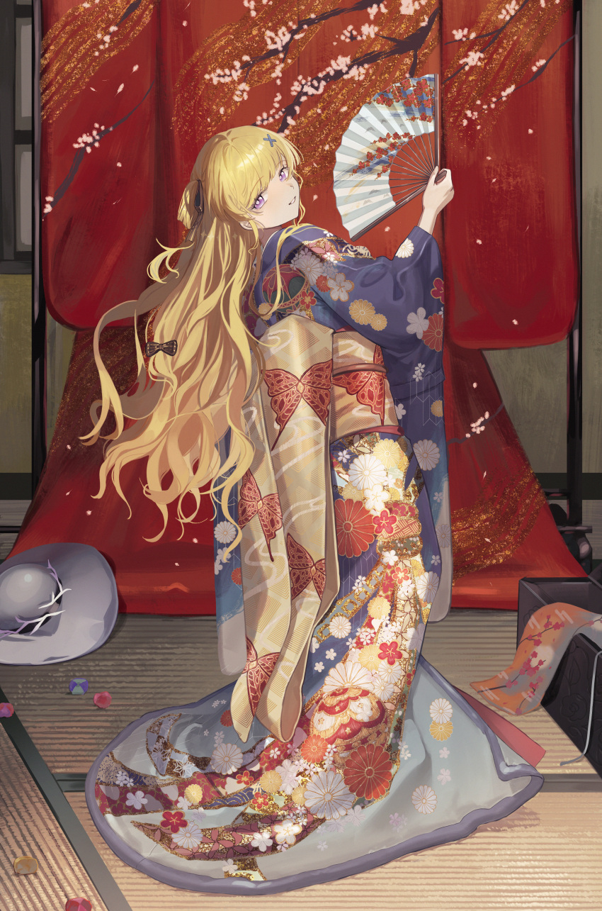1girl, absurdres, alternate_costume, aro_16666, blonde_hair, commentary_request, folding_fan, full_body