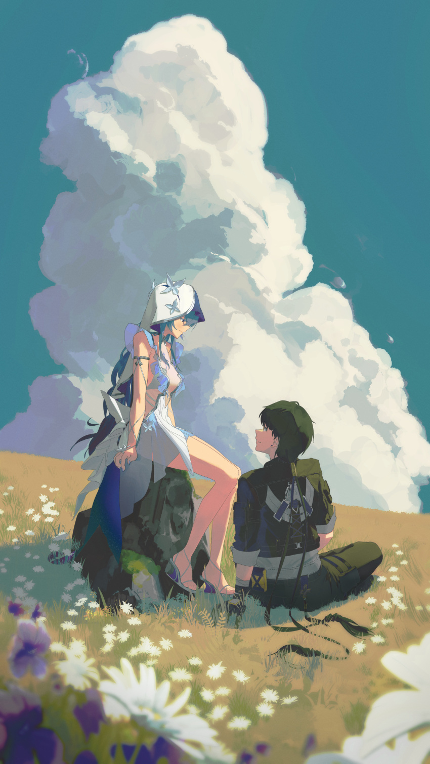 1boy, 1girl, absurdres, armlet, bandaged_hand, bandages, bare_legs, black_gloves