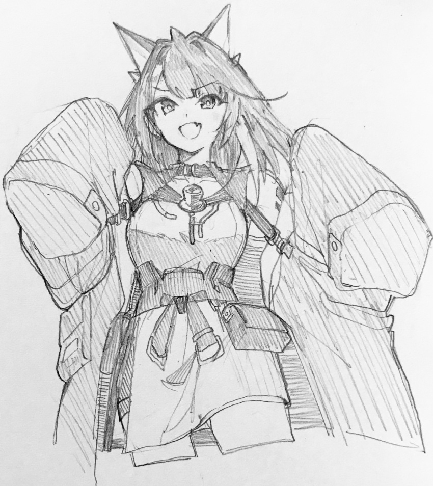 1girl, :d, absurdres, ahoge, arknights, coat, commentary, cropped_legs