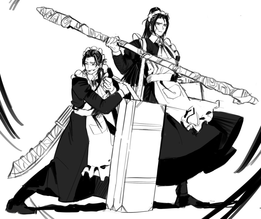 2boys, anger_vein, apron, bag, beard_stubble, boots, chanil_(muexlku), cigar