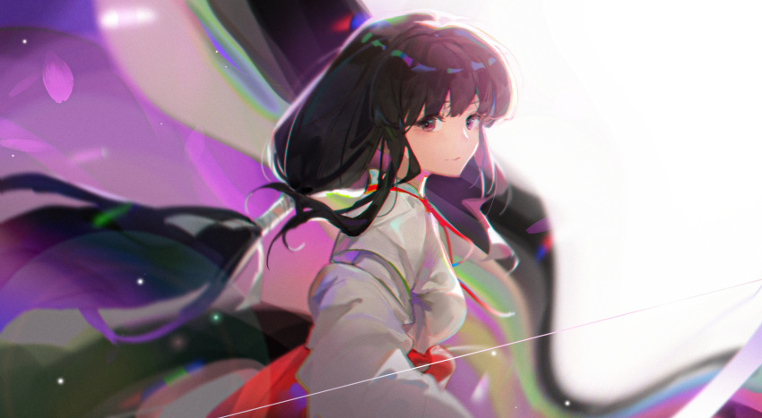 1girl, black_eyes, black_hair, bow_(weapon), closed_mouth, commentary_request, floating_hair, from_side, highres, inuyasha, japanese_clothes, kikyou_(inuyasha), kimono, long_hair, long_sleeves, looking_at_viewer, low-tied_long_hair, miko, red_skirt, skirt, solo, upper_body, very_long_hair, weapon, white_kimono, zhulaosier