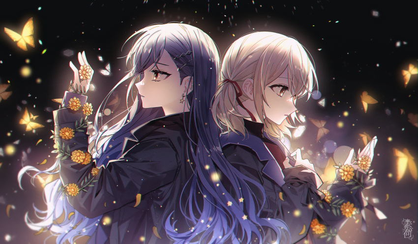 2girls, azusawa_kohane, blonde_hair, blue_hair, blurry, brown_eyes, bug, butterfly