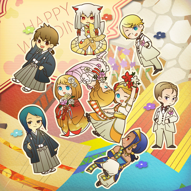 1other, 3girls, 5boys, :d, alternate_costume, alternate_hairstyle, animal_ears, arm_up, back_bow, black_shirt, black_shoes, blonde_hair, blue_eyes, blue_hair, blue_haori, blue_kimono, blue_tunic, bokujou_monogatari, bokujou_monogatari:_mittsu_no_sato_no_taisetsuna_tomodachi, boutonniere, bow, bride, brown_eyes, brown_hair, chibi, chibi_only, chinese_knot, collarbone, collared_shirt, double-parted_bangs, dress, flower, ford_(bokujou_monogatari), fox_ears, fox_tail, frilled_dress, frills, gold_necklace, gold_trim, gradient_clothes, gradient_kimono, grey_hakama, groom, hair_between_eyes, hair_bun, hair_flower, hair_ornament, hair_over_shoulder, hair_slicked_back, hakama, haori, harem_pants, headscarf, high_heels, hinata_(bokujou_monogatari), holding, holding_flower, inari_(bokujou_monogatari), jacket, japanese_clothes, jewelry, kimono, light_blush, long_hair, long_sleeves, looking_at_viewer, low-tied_sidelocks, low_ponytail, ludus_(bokujou_monogatari), multiple_boys, multiple_girls, nanami_(bokujou_monogatari), necklace, necktie, one_eye_closed, outline, pants, parted_bangs, patterned_background, peony_(flower), pink_flower, pom_pom_(clothes), ponytail, pumps, rattail, reaching, reaching_towards_viewer, red_eyes, red_flower, sandals, sash, shirt, shoes, short_hair, short_ponytail, short_sleeves, sidelocks, single_hair_bun, sitting, sleeveless_tunic, sleeves_past_fingers, sleeves_past_wrists, smile, sorarina78, suit, tabi, tail, tunic, uchikake, v-shaped_eyebrows, vest, wayne_(bokujou_monogatari), wedding_dress, white_dress, white_flower, white_hair, white_jacket, white_necktie, white_outline, white_pants, white_shoes, white_suit, white_vest, wide_sleeves, wing_collar, yellow_sash, yuzuki_(bokujou_monogatari), zouri