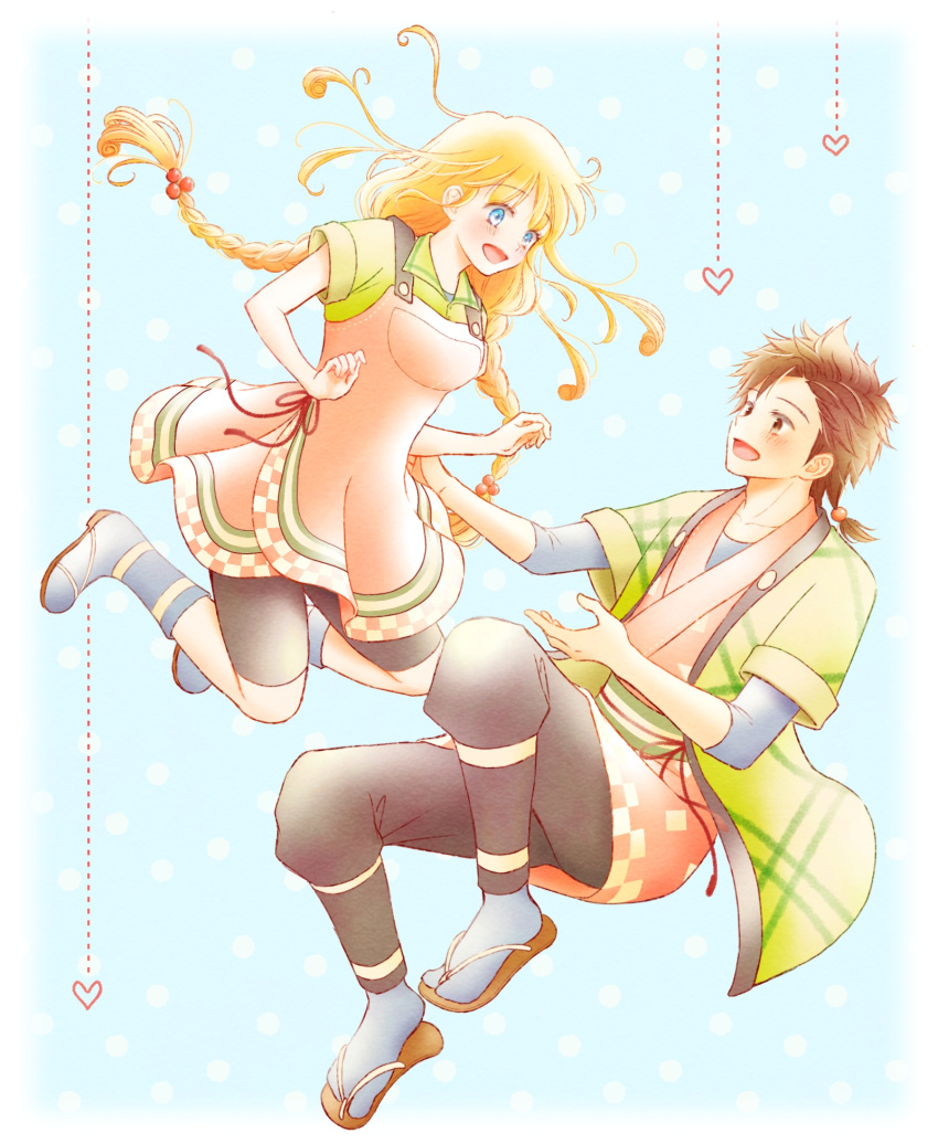 1boy, 1girl, :d, alternate_costume, azu_rin_go, bike_shorts_under_skirt, black_pants, black_shirt