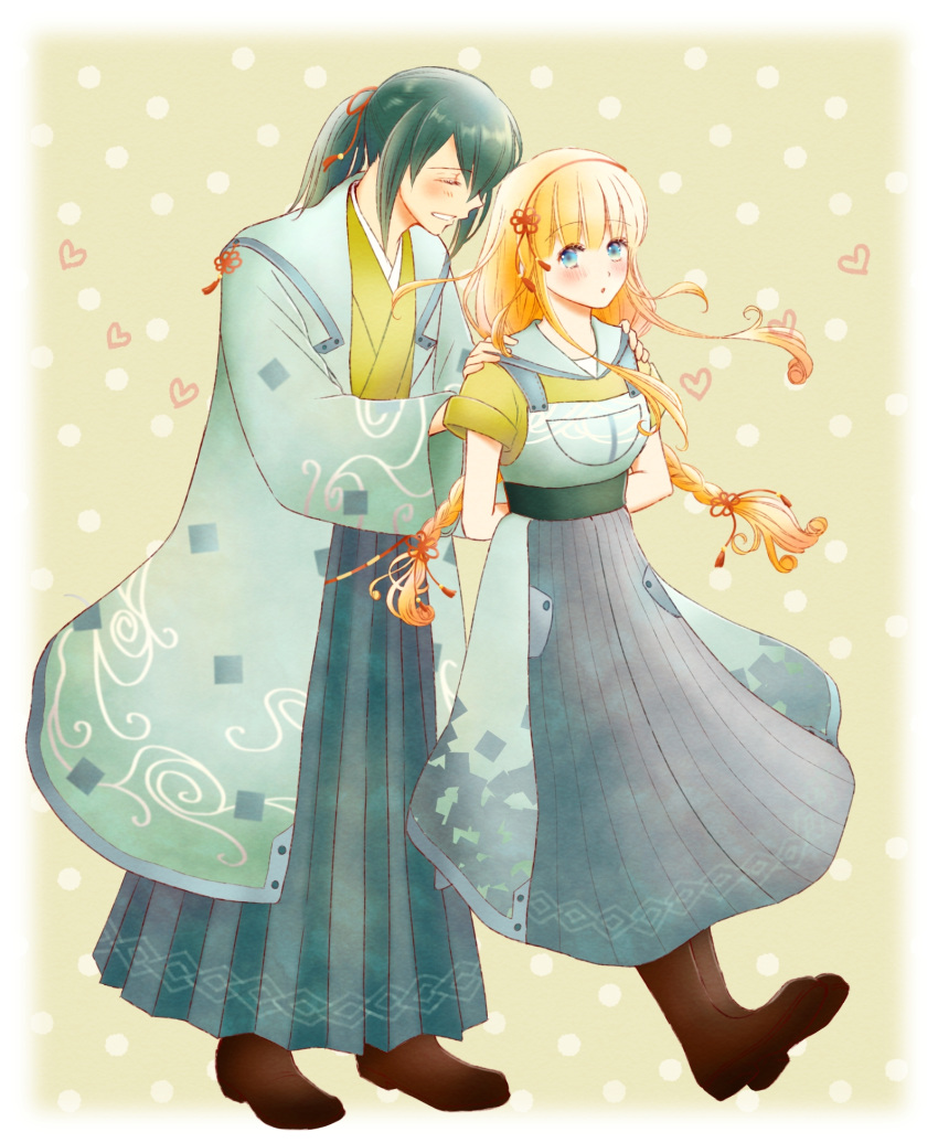 1boy, 1girl, :o, alternate_costume, alternate_hairstyle, azu_rin_go, blonde_hair, blue_eyes