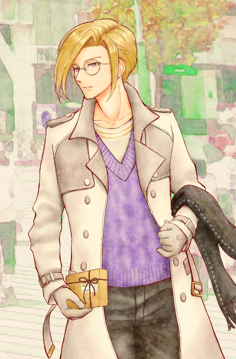 1boy, alternate_costume, azu_rin_go, black_pants, black_scarf, blonde_hair, bokujou_monogatari, bokujou_monogatari:_mittsu_no_sato_no_taisetsuna_tomodachi, casual, coat, collarbone, contemporary, cowboy_shot, curtained_hair, ford_(bokujou_monogatari), glasses, gloves, grey-framed_eyewear, grey_coat, grey_gloves, highres, long_sleeves, male_focus, outdoors, package, pants, parted_lips, purple_sweater, round_eyewear, scarf, shirt, short_hair, side_part, solo, sweater, unworn_scarf, v-neck, violet_eyes, watercolor_background, white_shirt