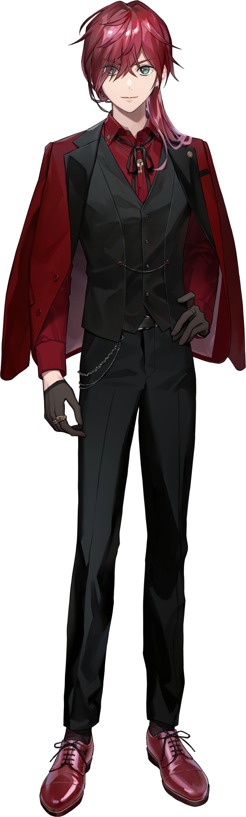 1boy, black_gloves, black_pants, black_ribbon, black_vest, cocokanata, collared_shirt, full_body