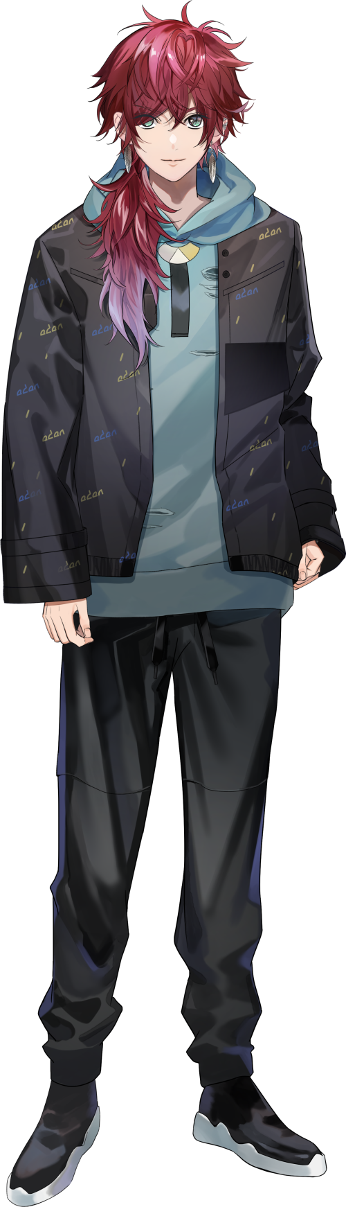 1boy, black_jacket, black_pants, black_shoes, blue_eyes, blue_hoodie, closed_mouth, cocokanata, earrings, feather_earrings, feathers, full_body, hair_between_eyes, highres, hood, hood_down, hoodie, jacket, jewelry, lauren_iroas, lauren_iroas_(3rd_costume), long_hair, long_sleeves, looking_at_viewer, male_focus, nijisanji, official_alternate_costume, official_art, open_clothes, open_jacket, pants, red_hair, shoes, side_ponytail, smile, solo, tachi-e, transparent_background, virtual_youtuber