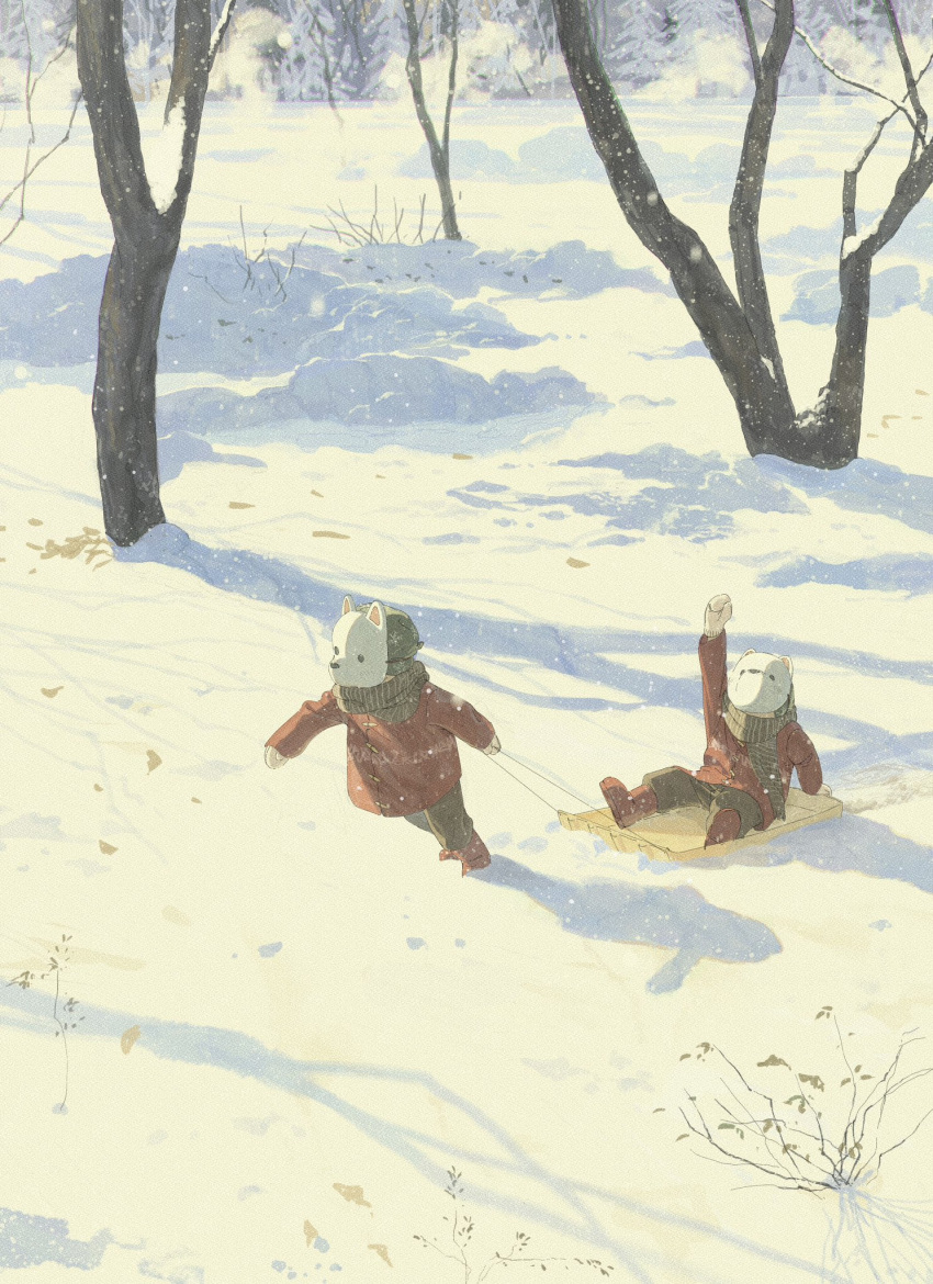 2boys, arm_up, bare_tree, boots, child, dog_mask, green_pants, highres