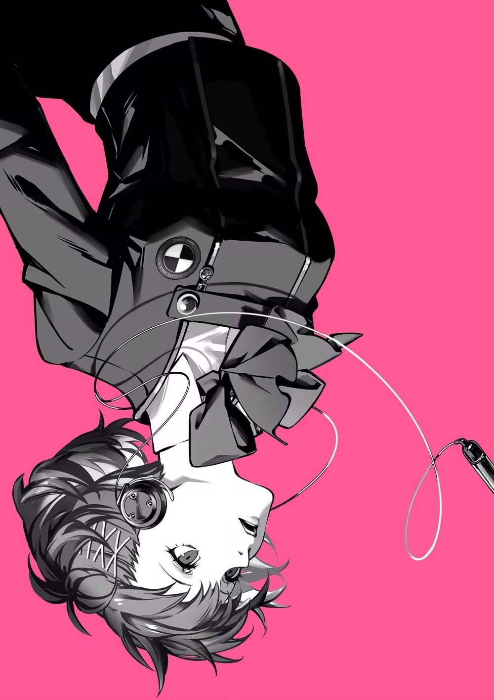 1girl, bow, chinese_commentary, collared_shirt, digital_media_player, digital_walkman, gekkoukan_high_school_uniform, greyscale_with_colored_background