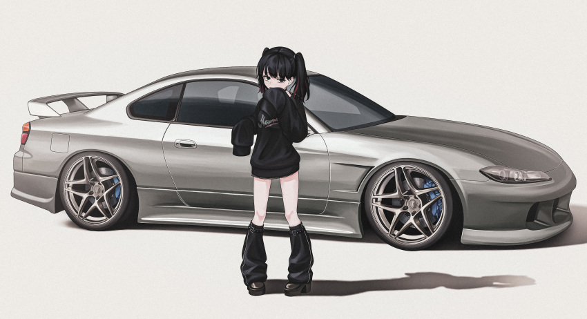 1girl, absurdres, black_eyes, black_hair, black_socks, black_sweater, bokuya, car