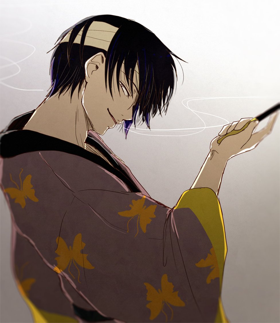 1boy, animal_print, bandage_over_one_eye, bandaged_head, bandages, black_hair, butterfly_print, commentary