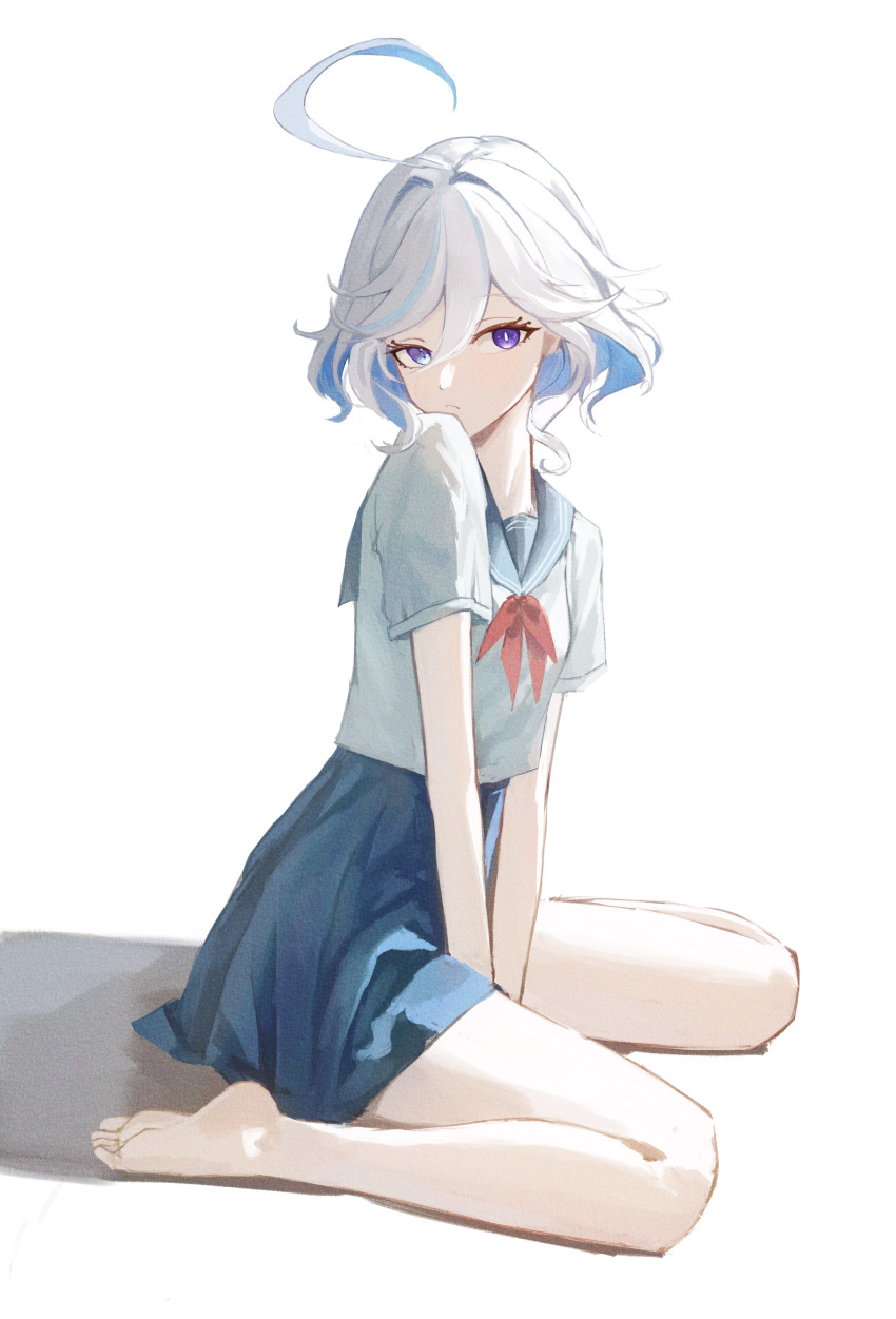 absurdres, ahoge, barefoot, blue_hair, breasts, collared_shirt, furina_(genshin_impact), genshin_impact