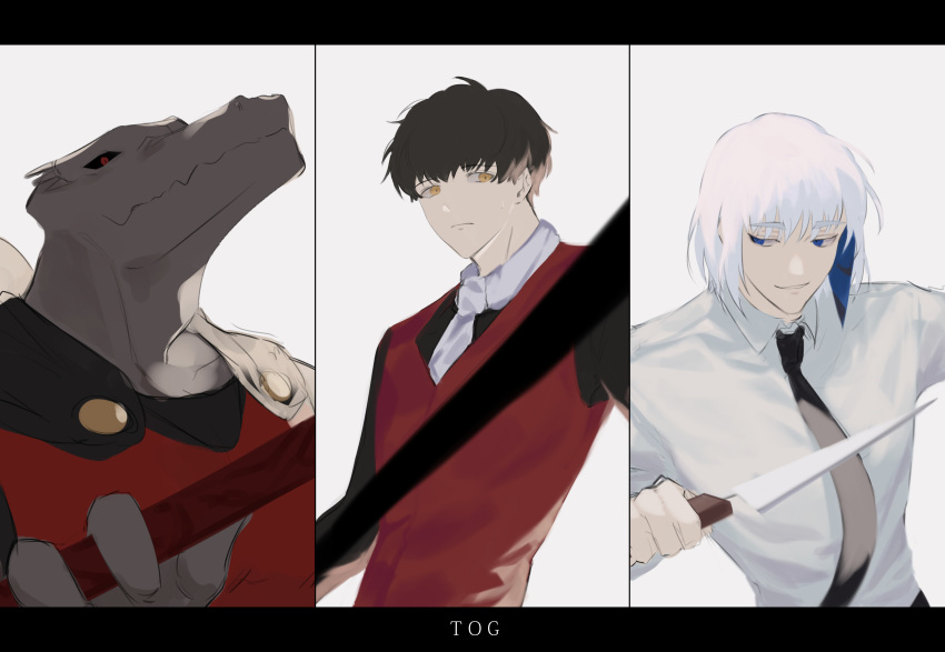 3boys, absurdres, black_cape, black_necktie, black_sclera, blue_eyes, blue_hair, brown_hair
