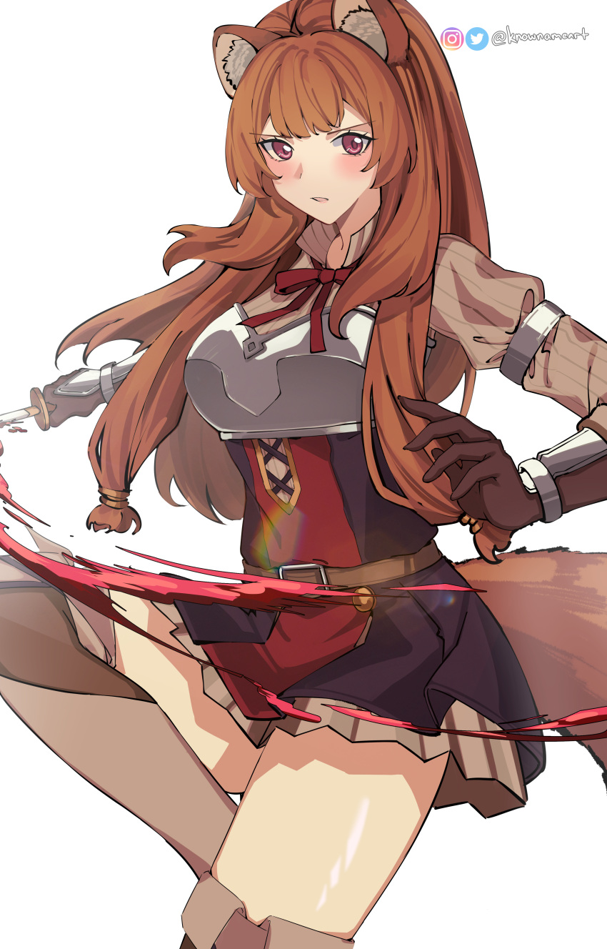 1girl, absurdres, animal_ear_fluff, armor, armored_gloves, artist_name, belt, bilingual_commentary