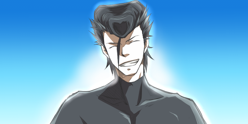 1boy, akame_ga_kill!, black_hair, black_shirt, blue_background, bulat, closed_eyes, gradient_background