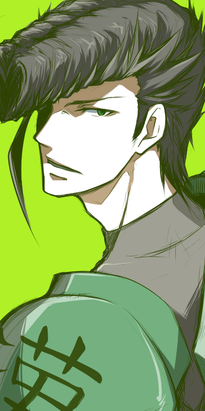 1boy, akame_ga_kill!, armor, black_hair, bulat, green_armor, green_background, green_eyes