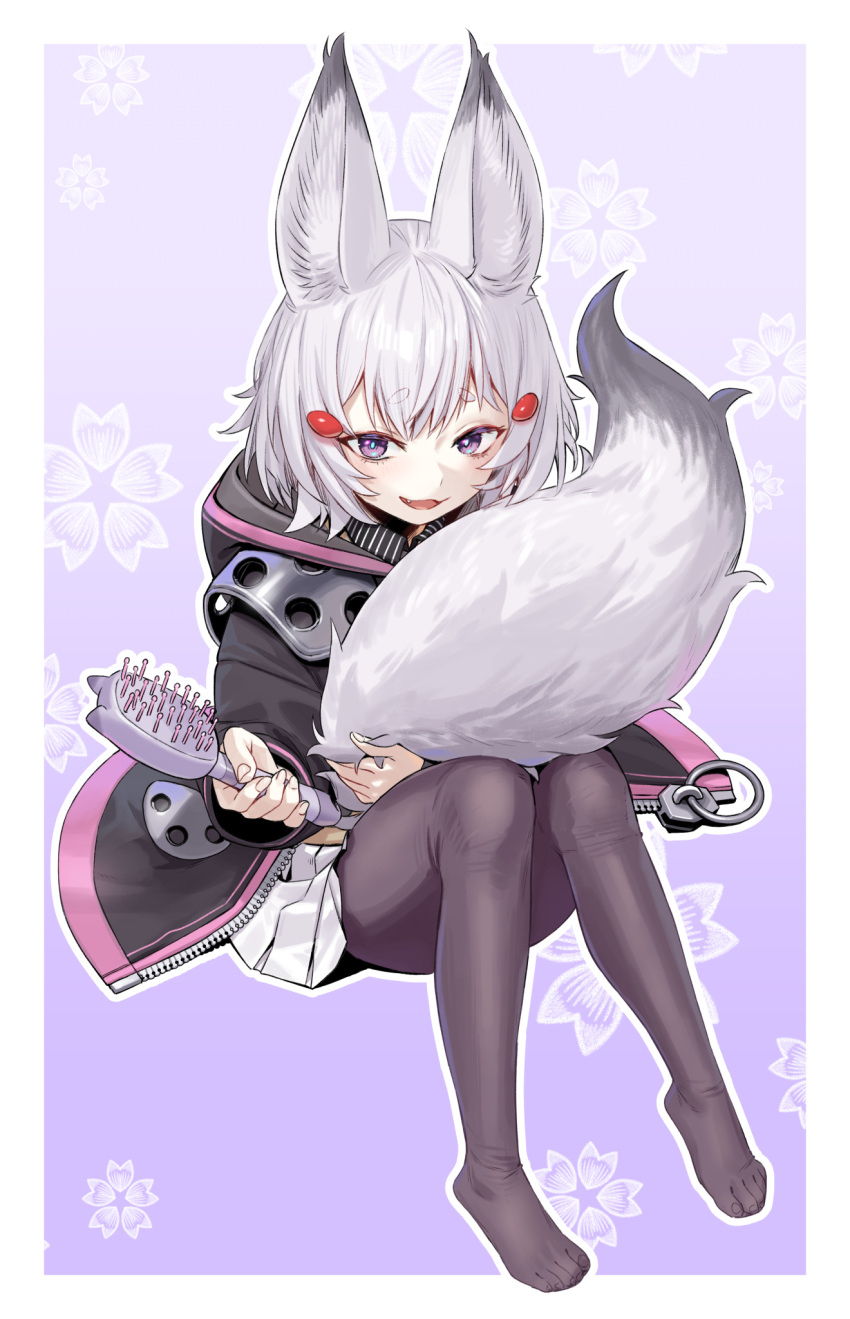 1girl, agemmata, animal_ear_fluff, animal_ears, black_jacket, black_pantyhose, border, commentary
