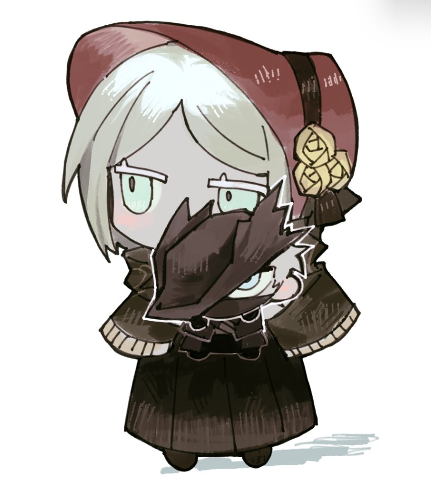 1boy, 1girl, anse1289567, blonde_hair, bloodborne, blue_eyes, bonnet, brown_cloak, chibi, cloak, green_eyes, holding, hunter_(bloodborne), lolita_fashion, plain_doll, red_bonnet